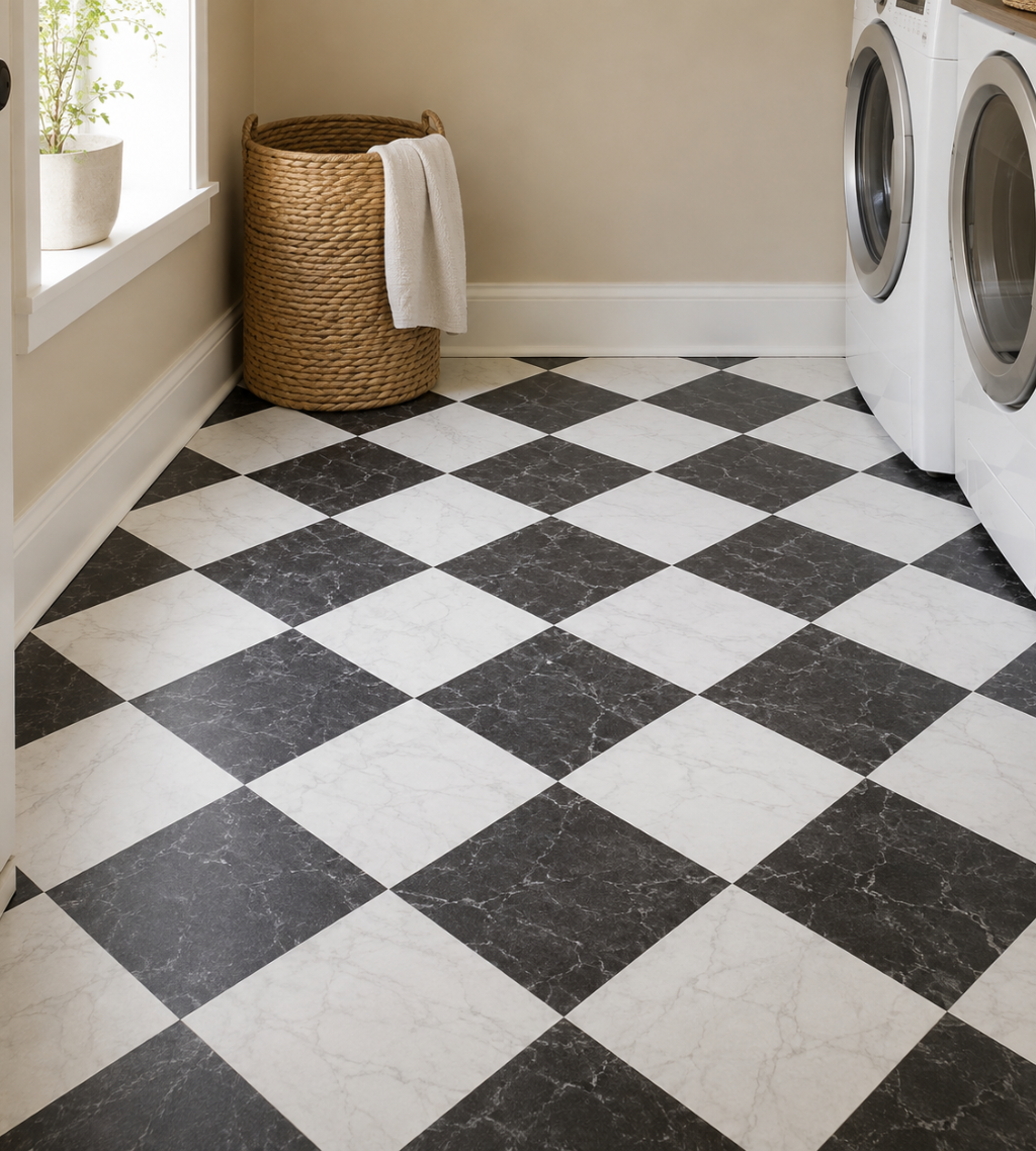 Black and white marbled floor tiles are checkered on a laundry room floor.