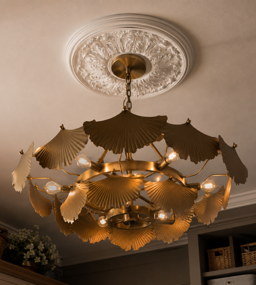 A large, gold chandelier hangs from a laundry room ceiling. 