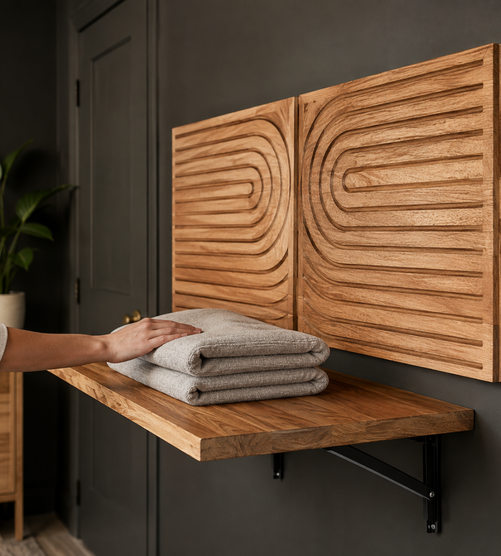 A wooden shelf extends from the wall. The shelf can be lifted to be put away. The shelf is used as a folding station for towels and clothes in the laundry room.