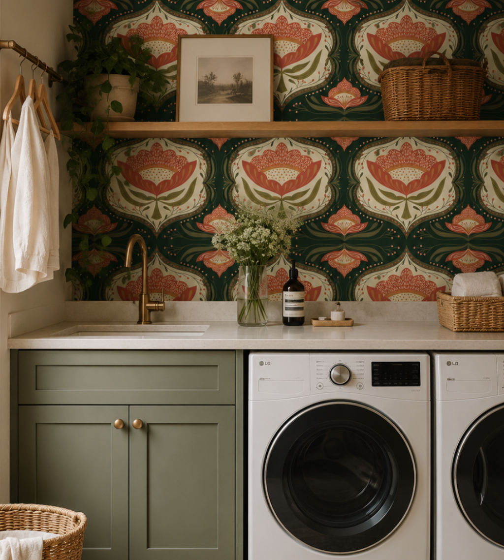 A styled laundry room corner featuring a green cabinet, a white countertop with a brass faucet, a Funky Paper Co patterned wallpaper backdrop, and two white front-loading washing machines. Decorative baskets, a vase of flowers, and a framed print are arranged on a wooden shelf and wall rod.