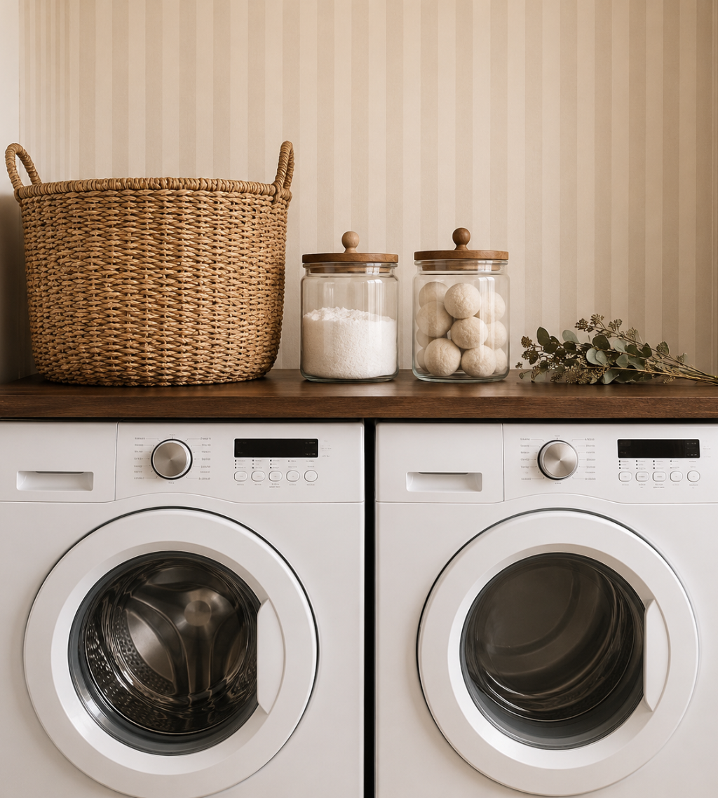 Two white front-loading washing machines side by side under a wooden countertop, styled with a woven basket, glass jars, and eucalyptus in a clean laundry room setting with Funky Paper Co wallpaper.
