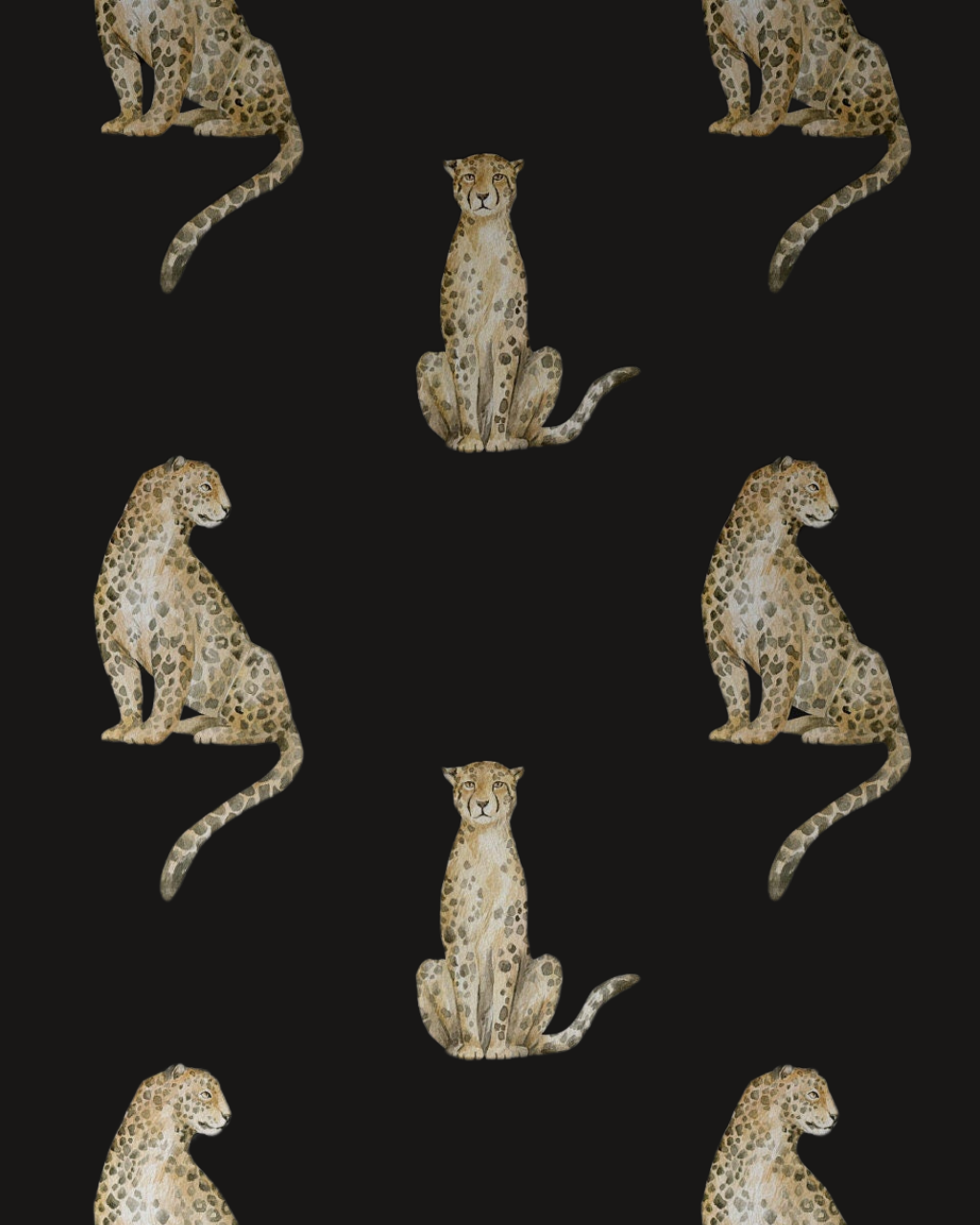 Close-up of Leo Black wallpaper featuring stylized leopards sitting against a pure black background for a bold, elegant look | Peel and stick Wallpaper by Funky Paper Co