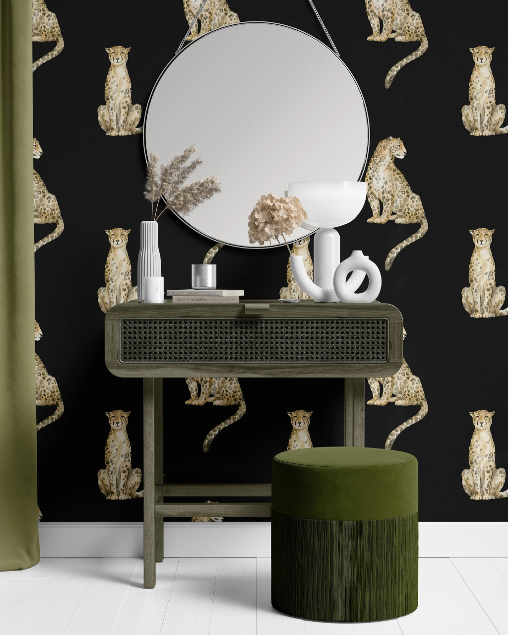 Vanity area with Leo Black wallpaper, showcasing regal leopards on a solid black backdrop for a chic, Art Deco-inspired touch | Peel and stick Wallpaper by Funky Paper Co