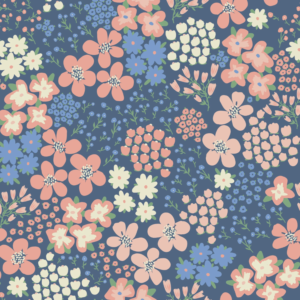 Les Fleurs floral wallpaper featuring pink, blue and white flowers on a navy background, creating a fun and balanced gender reveal photo booth backdrop.