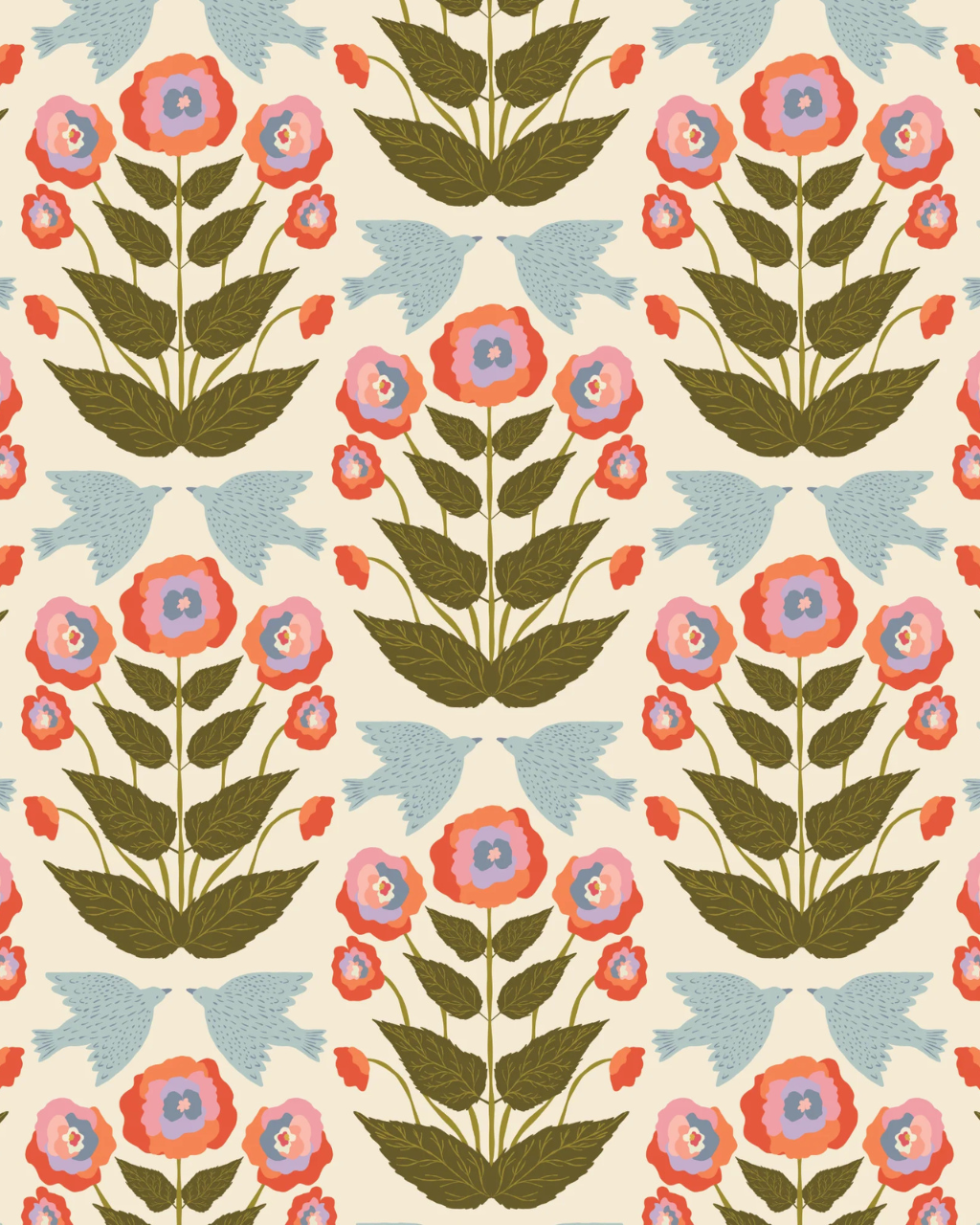 Liberté wallpaper with playful blue birds, symmetrical greenery and colorful flowers on a warm cream background, styled in an elegant room interior | Funky Paper Co