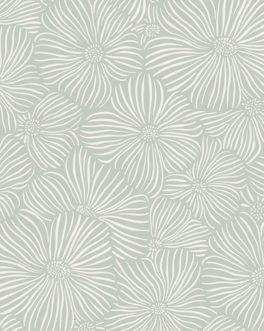 A repeating Line Blossom floral pattern with stylized daisy-like flowers in white on a pale green background.