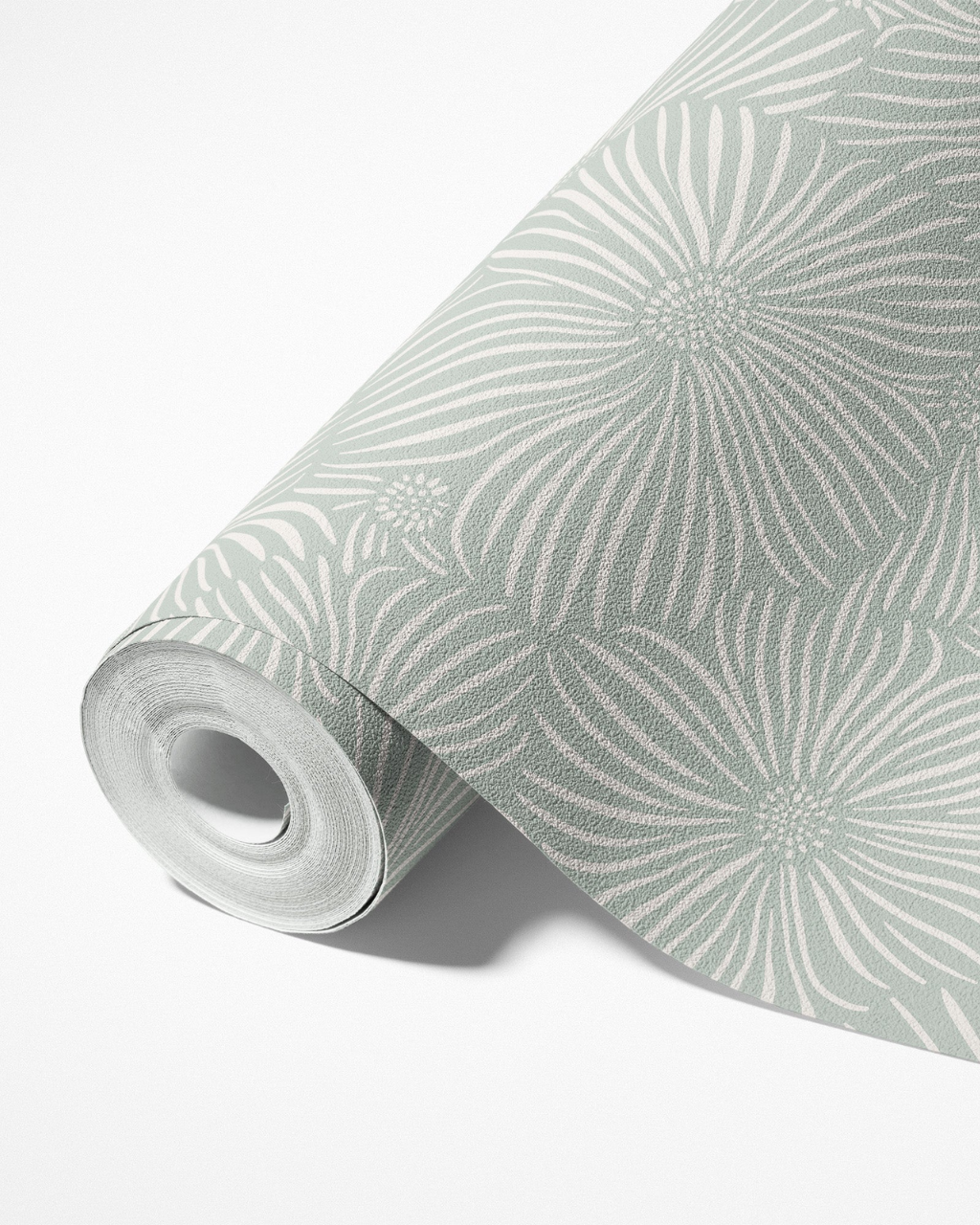 A roll of wallpaper with a repeating daisy-like Line Blossom pattern on a pale green background, shown partially unrolled on a clean white studio background.