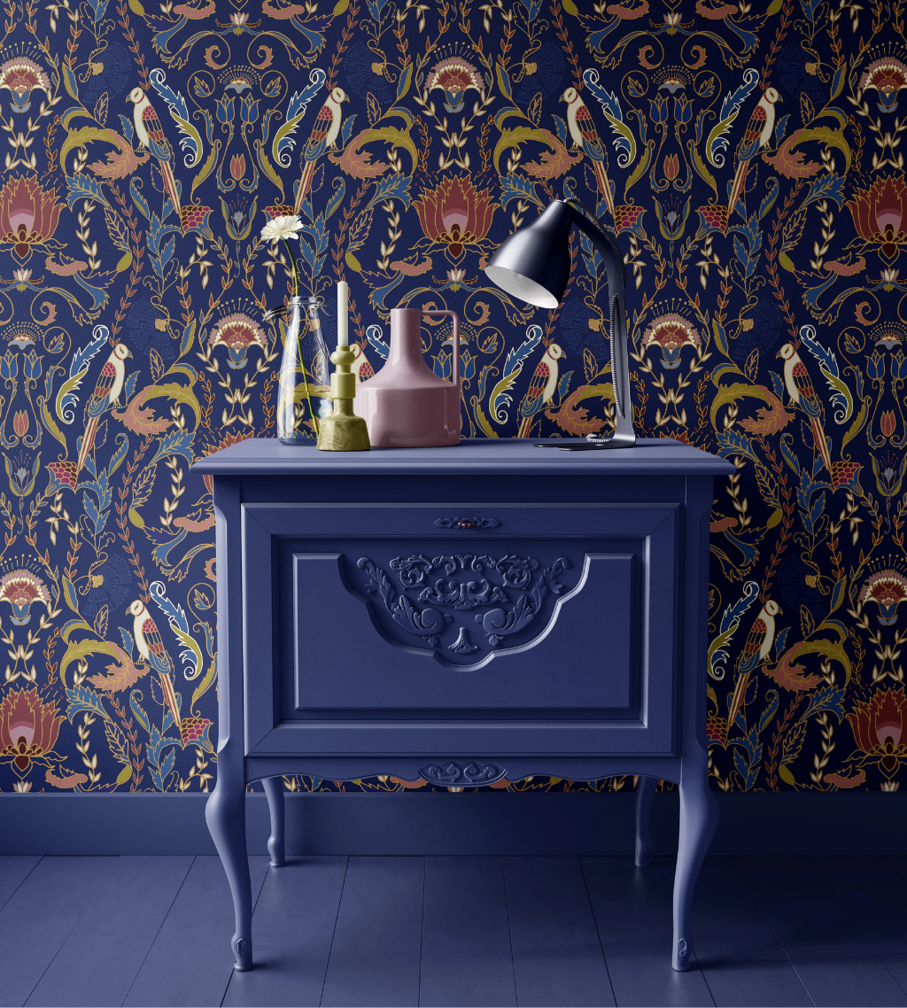 Linen wallpaper featuring Peacock in the Garden, a jewel-toned botanical and bird print by Funky Paper Co