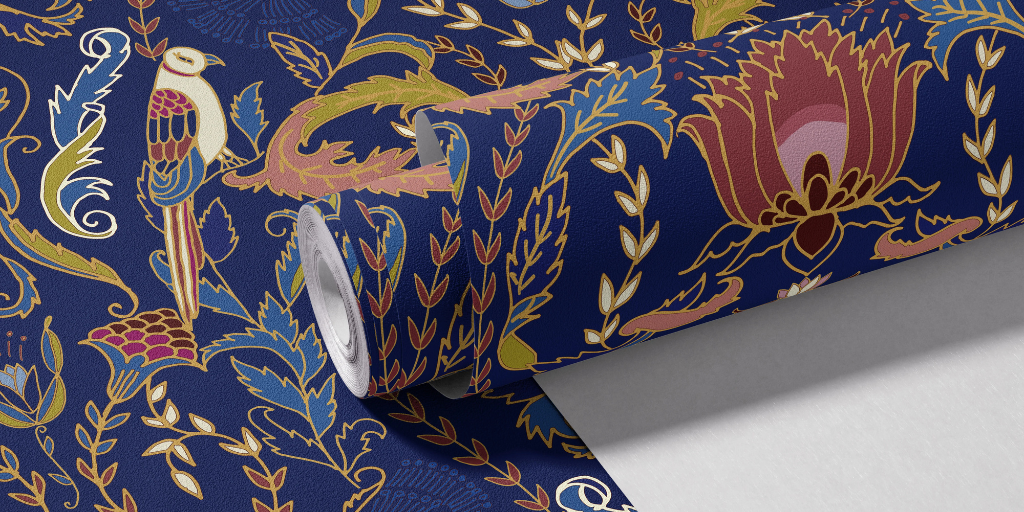 Roll of linen wallpaper featuring Peacock in the Garden, a jewel-toned botanical and bird print by Funky Paper Co