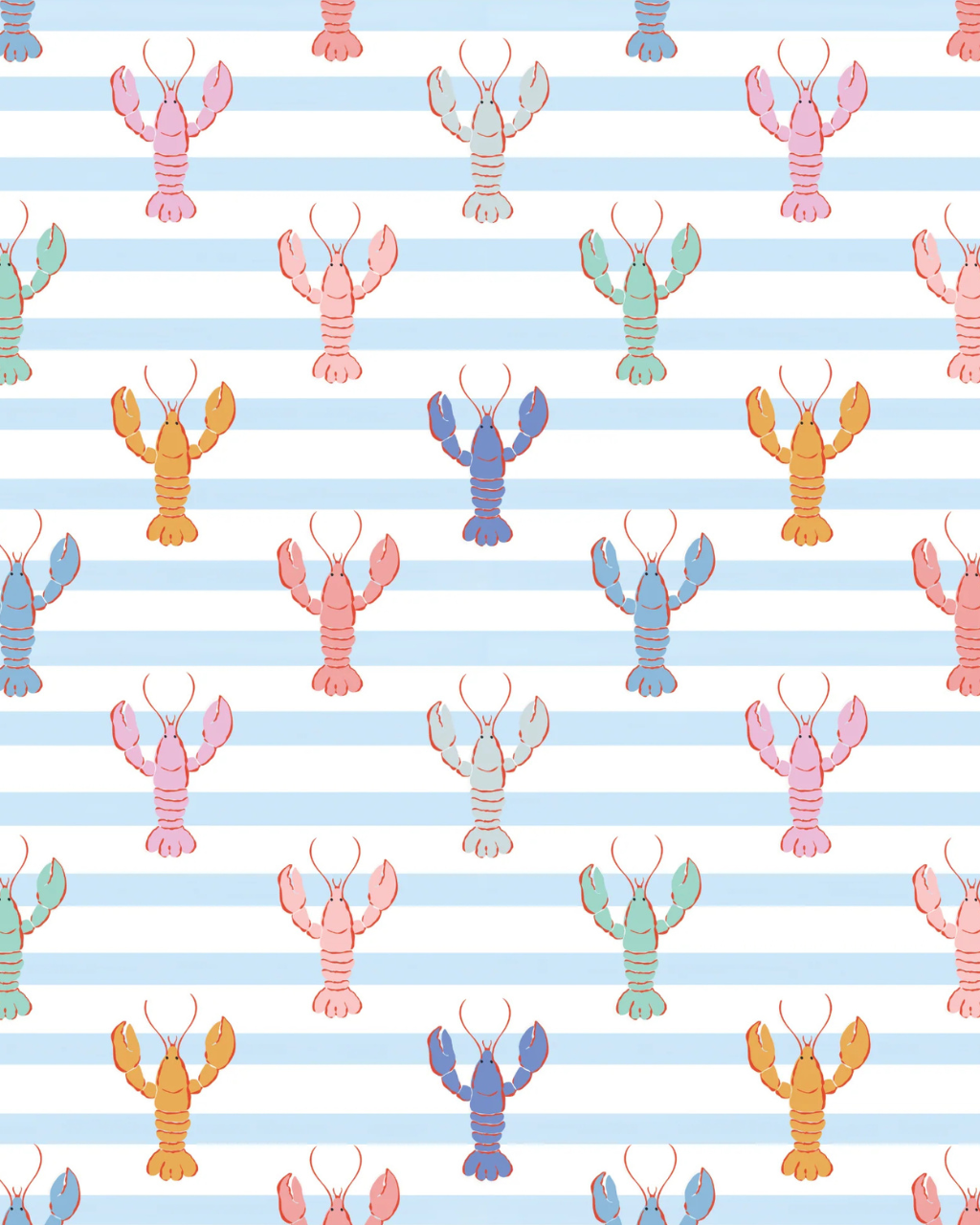 Lobster Fête Stripe preppy wallpaper with pastel lobster illustrations over horizontal powder blue and white stripes, styled in a cheerful coastal room interior | Funky Paper Co