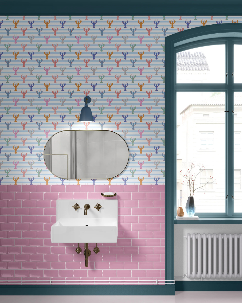 Lobster Fête Stripe preppy wallpaper with pastel lobster illustrations over horizontal powder blue and white stripes, styled in a cheerful coastal room interior | Funky Paper Co