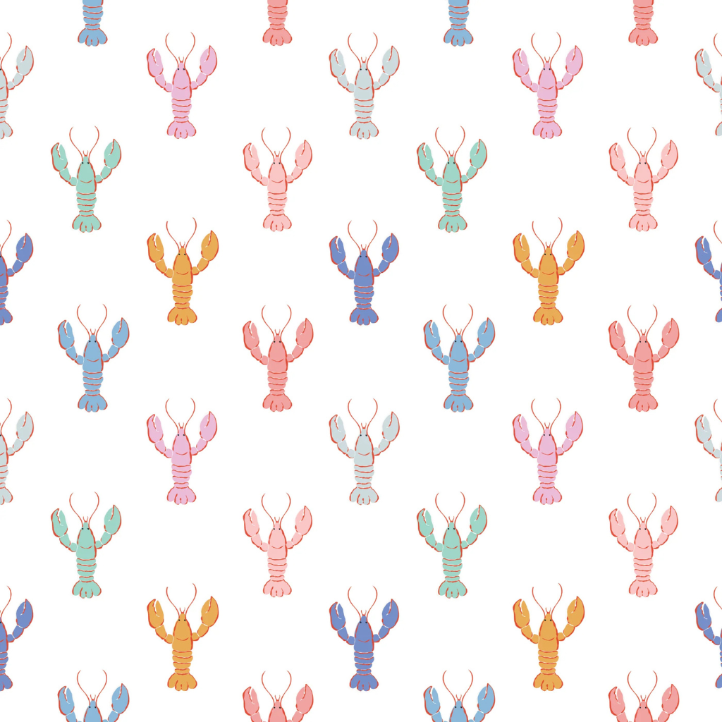 Lobster Fête wallpaper with a rainbow of pastel lobsters on a crisp white background—perfect for a playful, coastal-inspired bachelorette party photo booth.