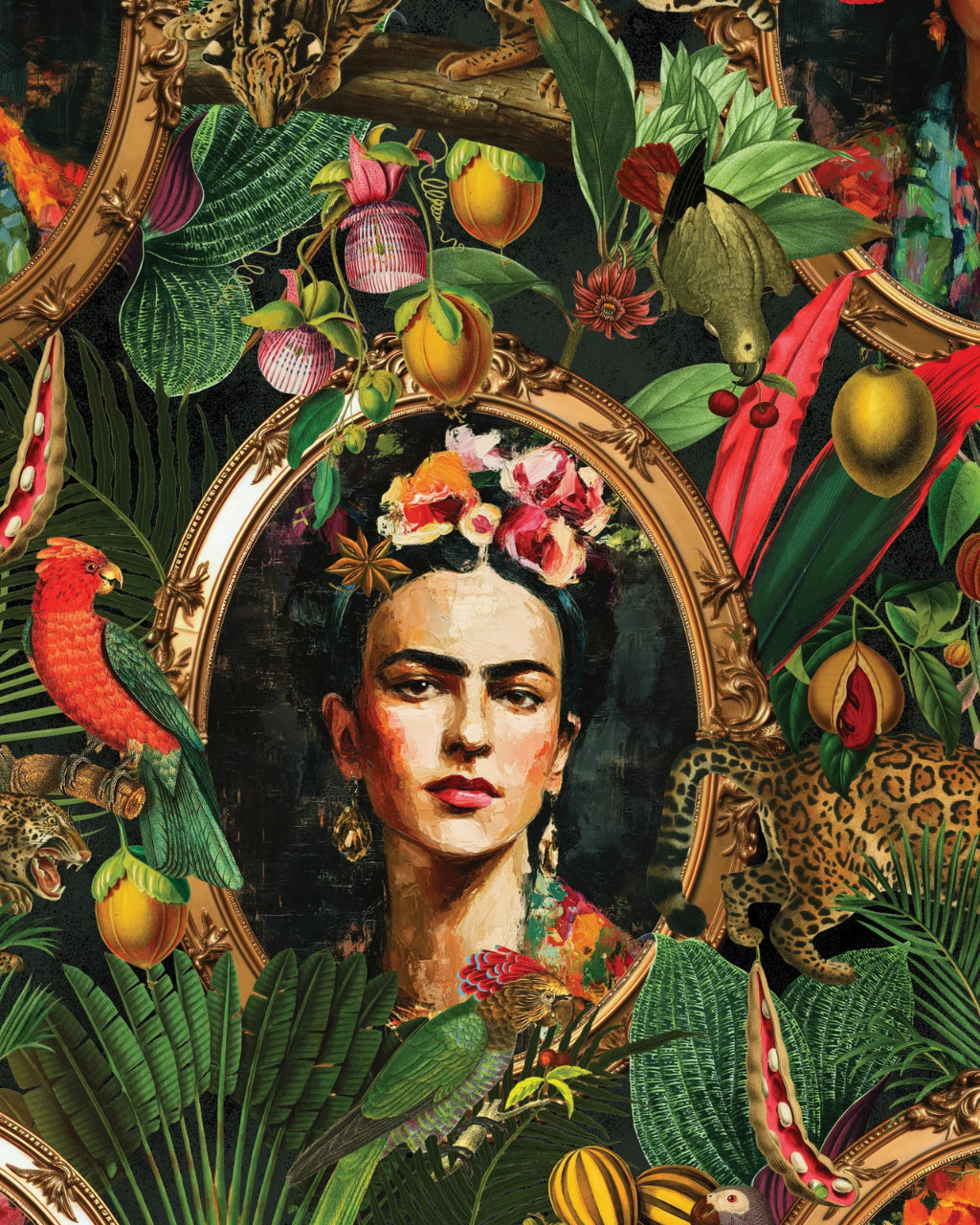 A richly detailed lush tropical art print featuring a stylized portrait of Frida Kahlo surrounded by tropical foliage, parrots, a leopard, and ornate gold mirrors against a dark background.