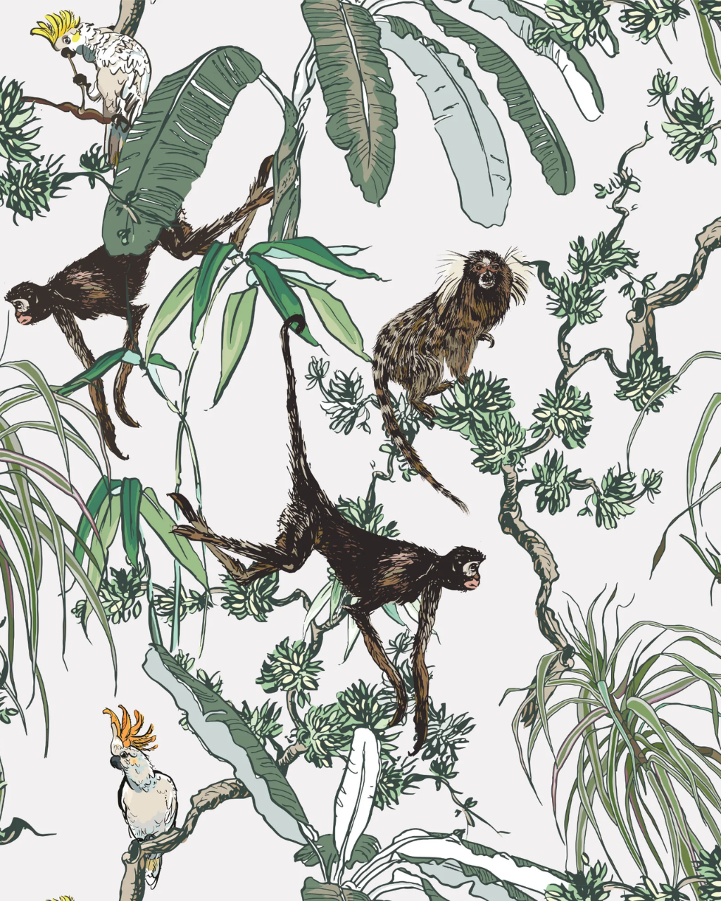 A repeating botanical and animal Manila pattern featuring four monkeys among tropical leaves and branches on a white background.