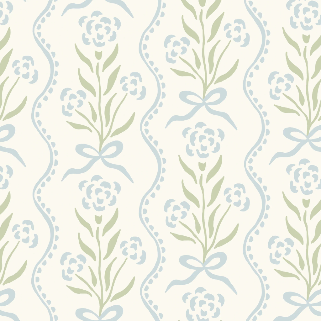 Soft blue floral Marigold wallpaper backdrop for a baby boy shower photo booth, creating a timeless and elegant party moment.