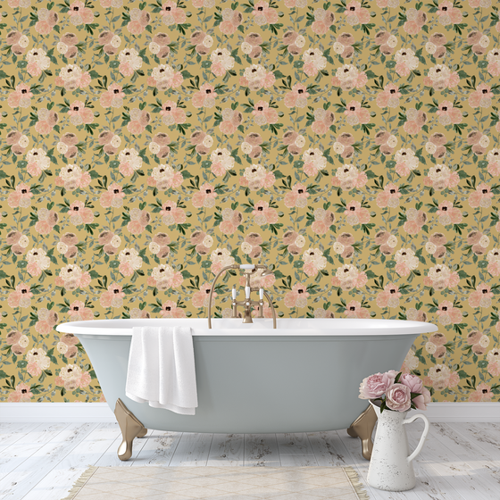 Midnight Florals Wallpaper in Mustard by Sabina Maria