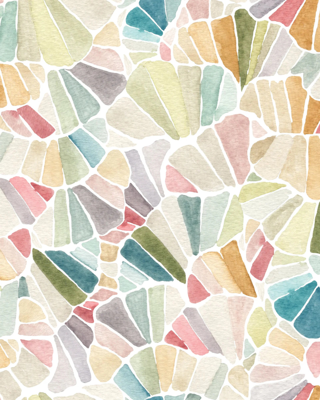 Mosaic Watercolor wallpaper with airy watercolor mosaic shapes outlined in soft white, creating a light, kaleidoscopic look in a styled room interior | Funky Paper Co