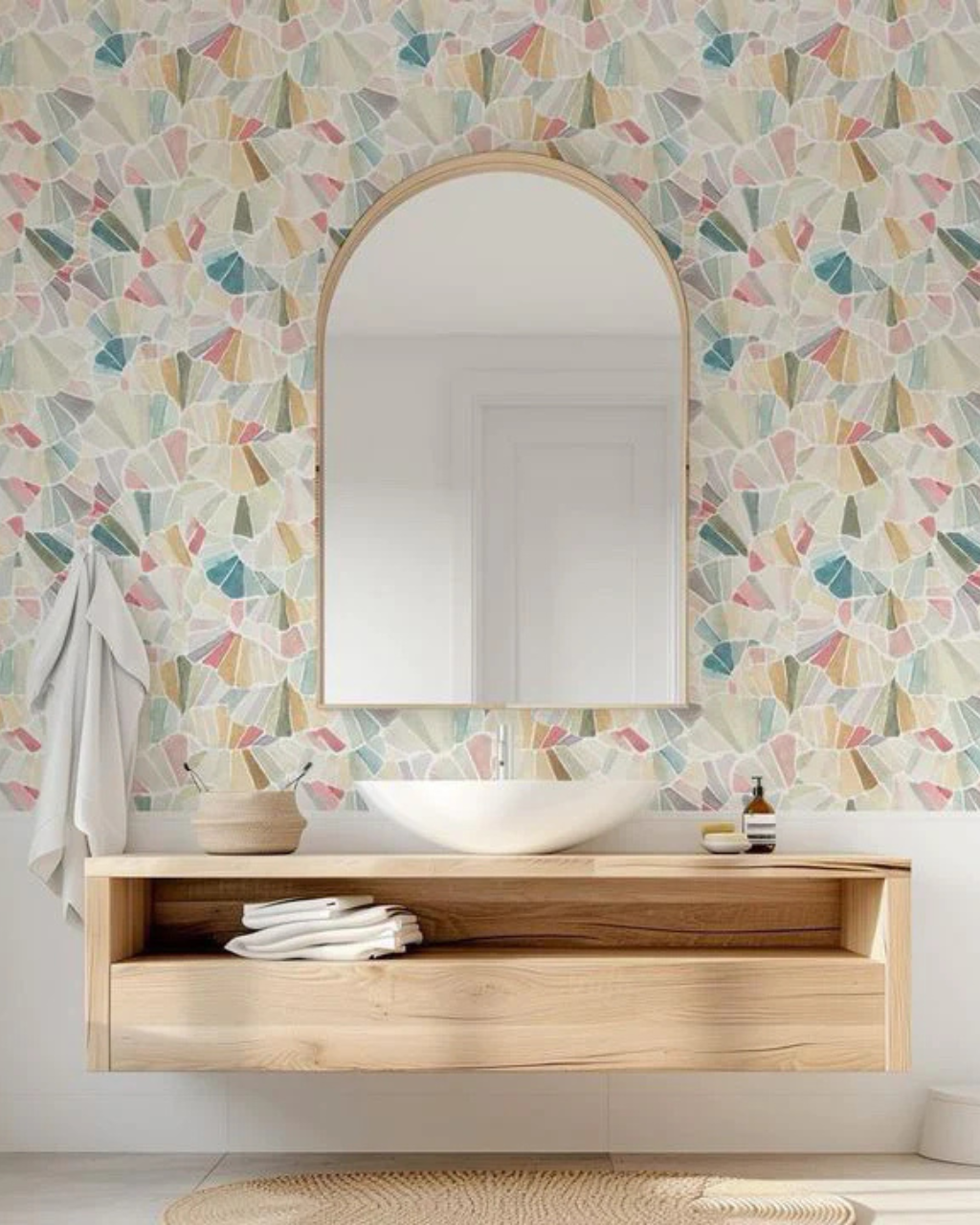 Mosaic Watercolor wallpaper with airy watercolor mosaic shapes outlined in soft white, creating a light, kaleidoscopic look in a styled room interior | Funky Paper Co