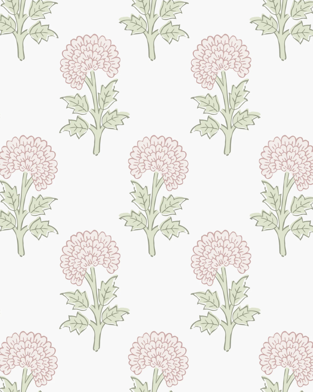 Newport wallpaper with ballet pink chrysanthemum blooms and soft green stems on a crisp white backdrop, styled in a charming grandmillennial room interior | Funky Paper Co
