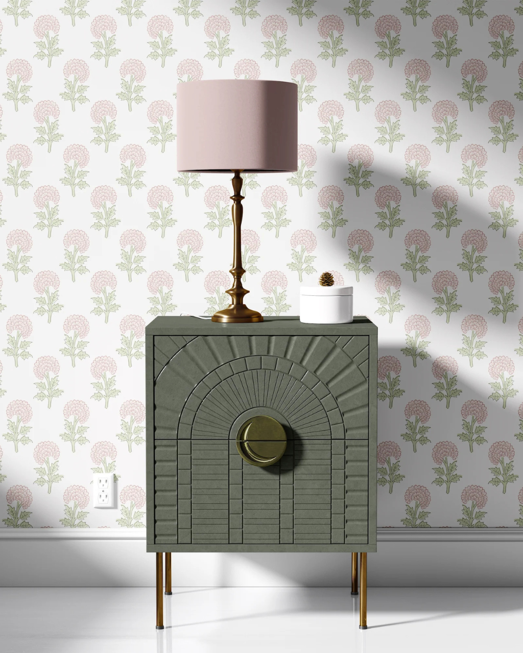 Newport wallpaper with ballet pink chrysanthemum blooms and soft green stems on a crisp white backdrop, styled in a charming grandmillennial room interior | Funky Paper Co