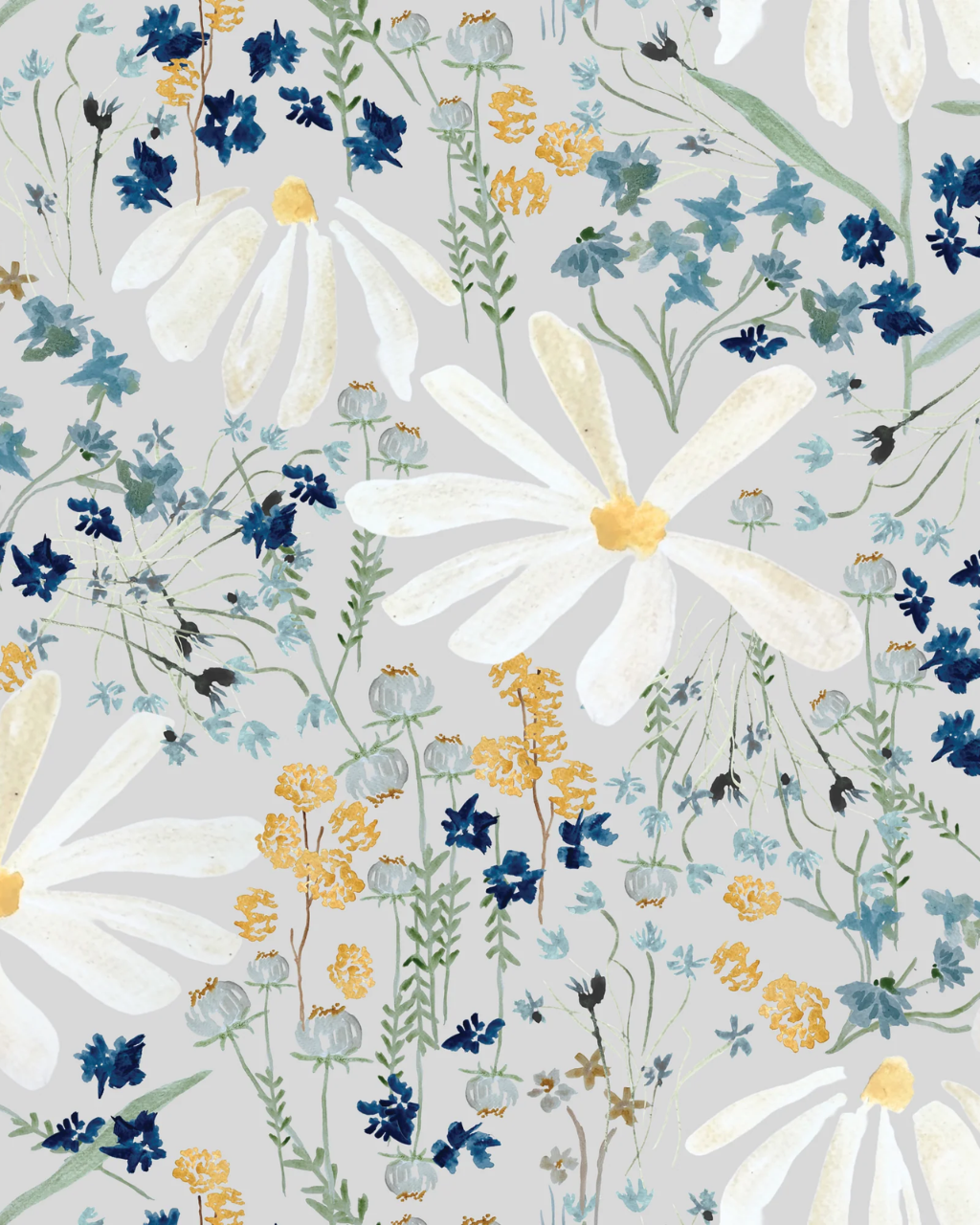 A repeating floral pattern featuring large white Nottingham daisies with yellow centers, blue wildflowers, and green stems on a light gray background.
