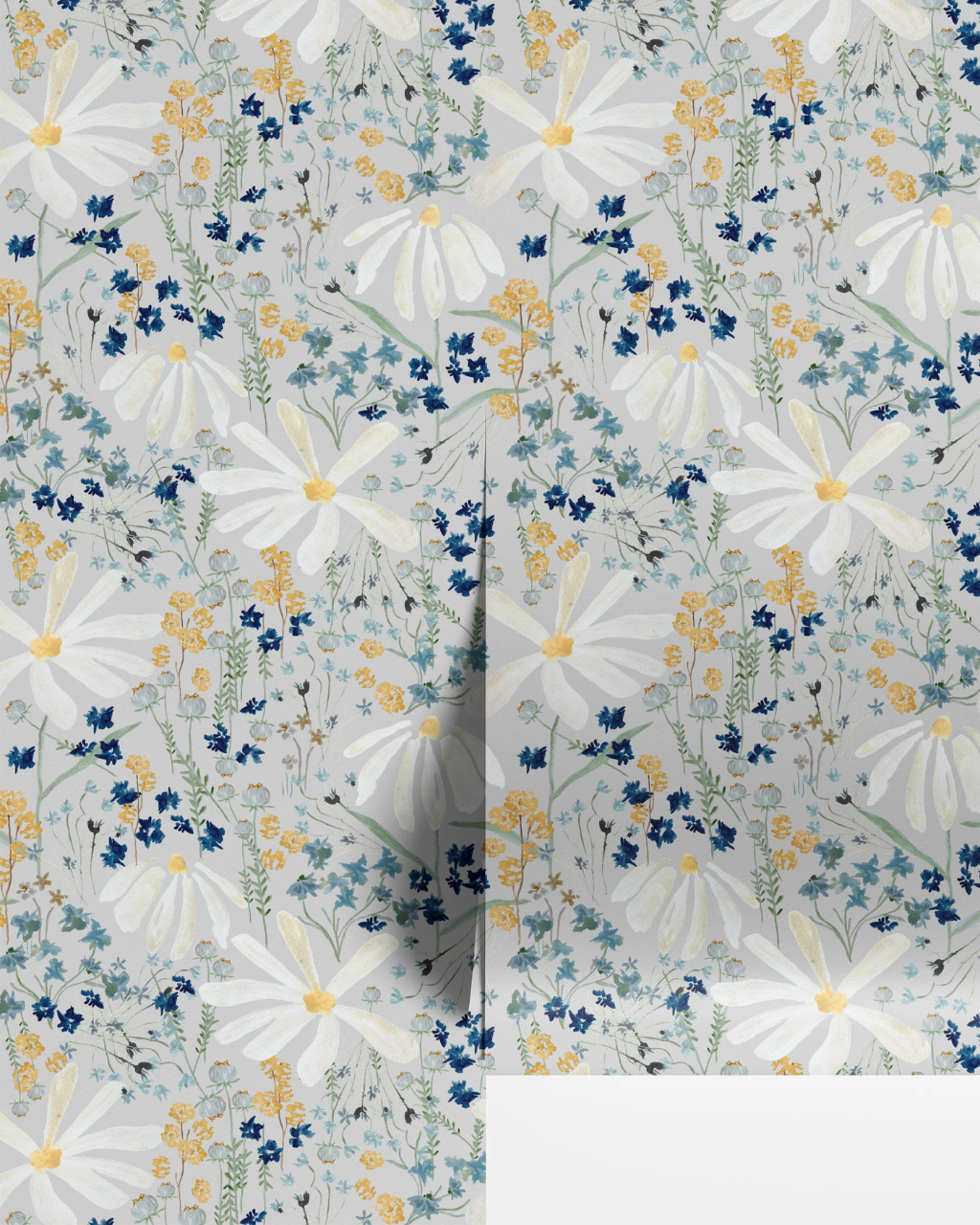 A close-up of a floral patterned wallpaper, featuring large white Nottingham daisies with yellow centers, small blue flowers, and green stems on a pale gray background.