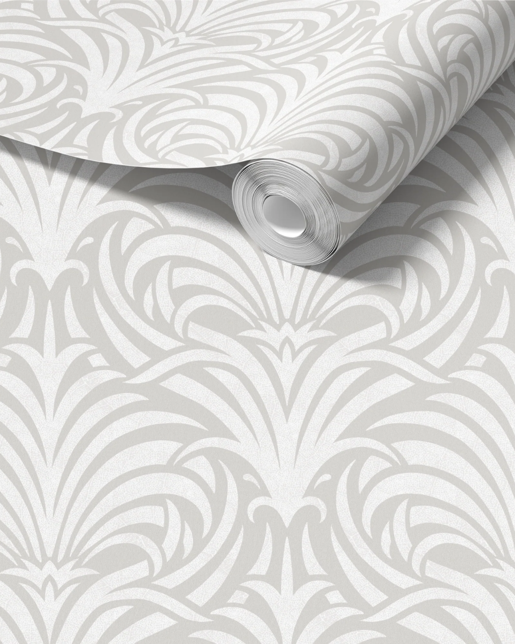 A roll of wallpaper with a repeating light griege and white damask-style Nouveau pattern, shown partially unrolled on a white background.