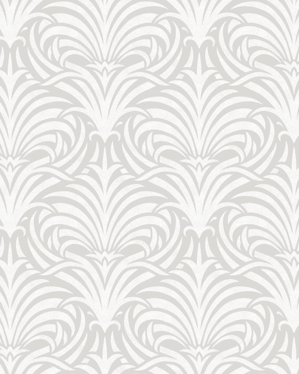 Light griege and white repeating Nouveau damask-style pattern with ornate leaf or fan motifs filling the frame.