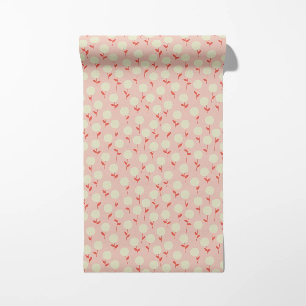 Champs Élysées floral wallpaper with cream poppies on a baby pink background in a chic repeat.