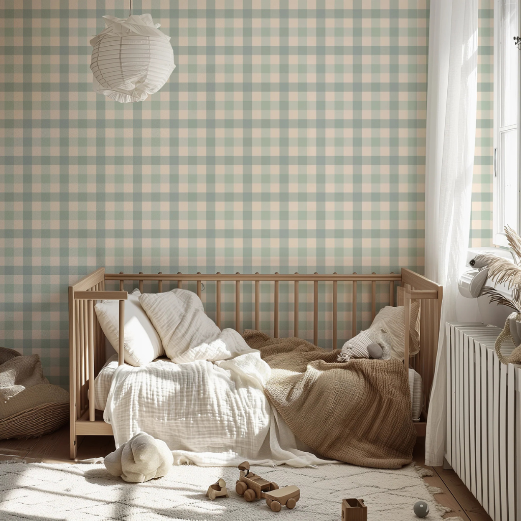 Blue gingham nursery wallpaper on a cream background with a soft, classic farmhouse feel.
