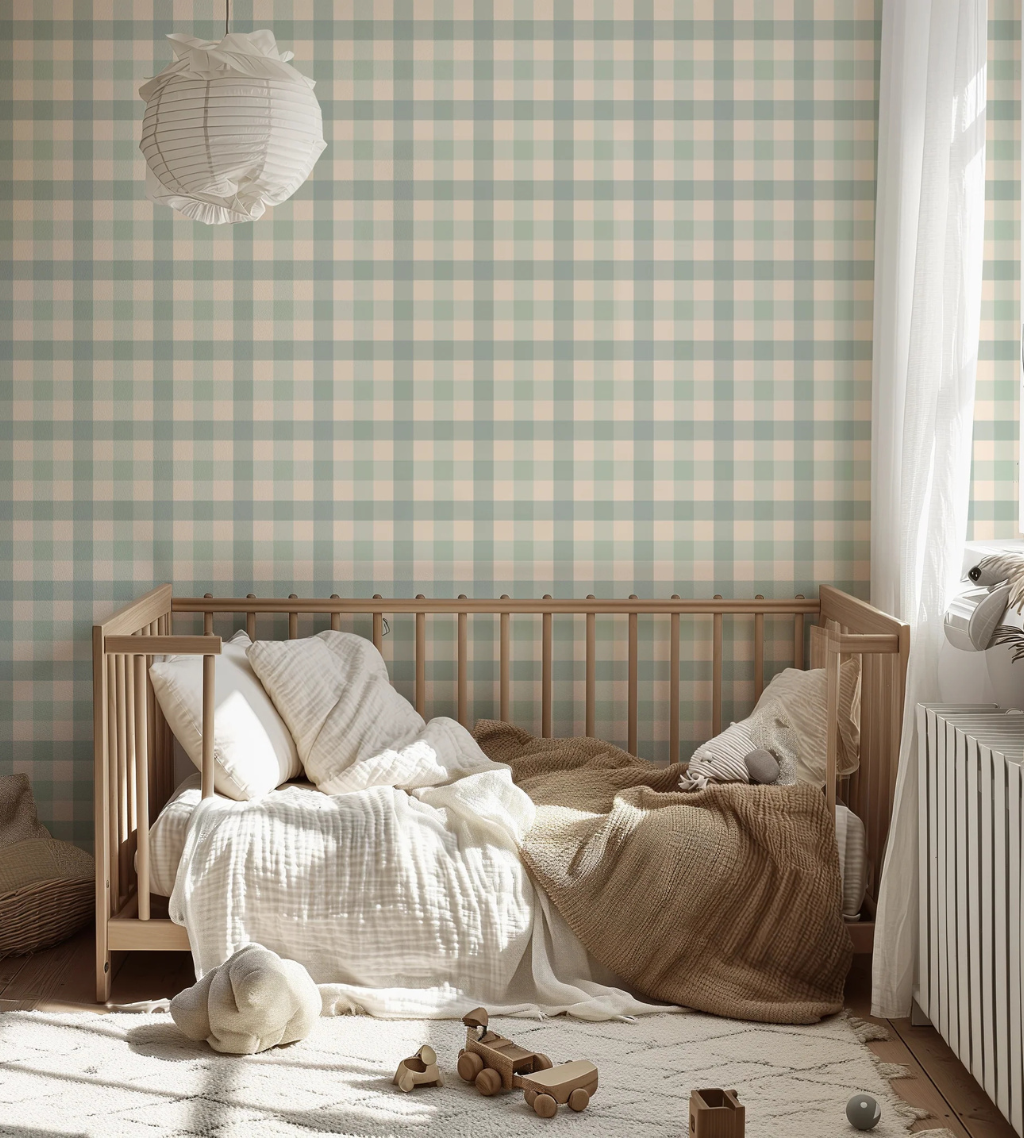 Blue gingham nursery wallpaper on a cream background with a soft, classic farmhouse feel.