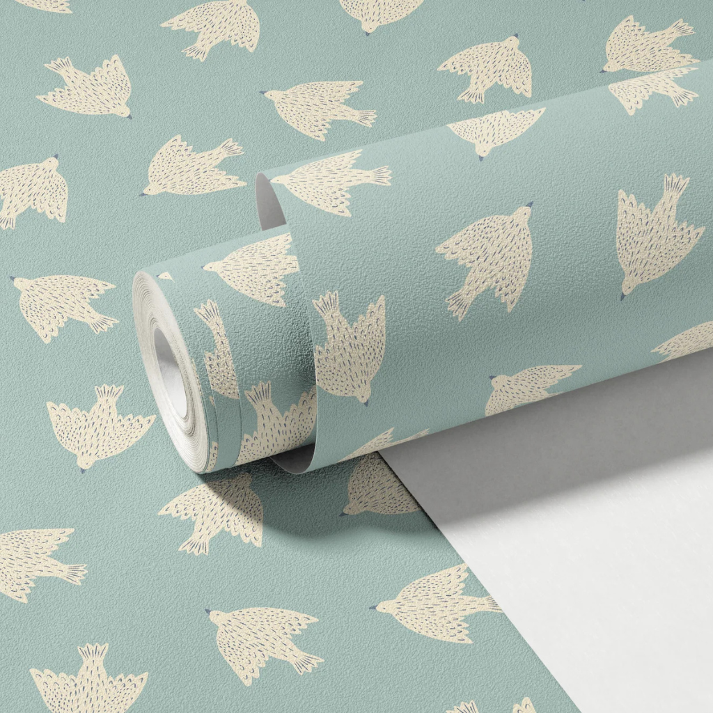 Folky birds wallpaper with whimsical hand-painted birds on a soft blue background.