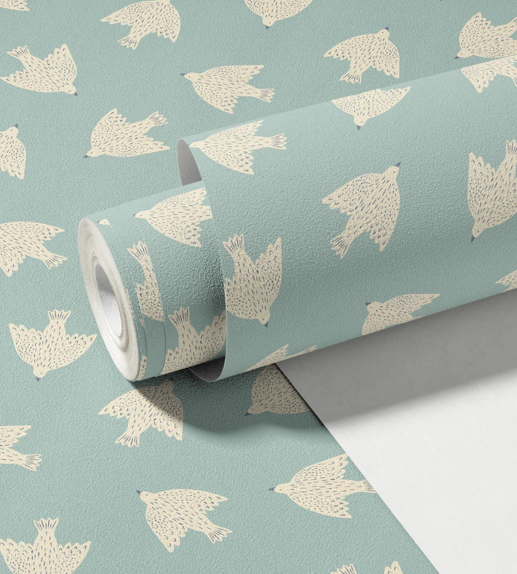 Folky birds wallpaper with whimsical hand-painted birds on a soft blue background.