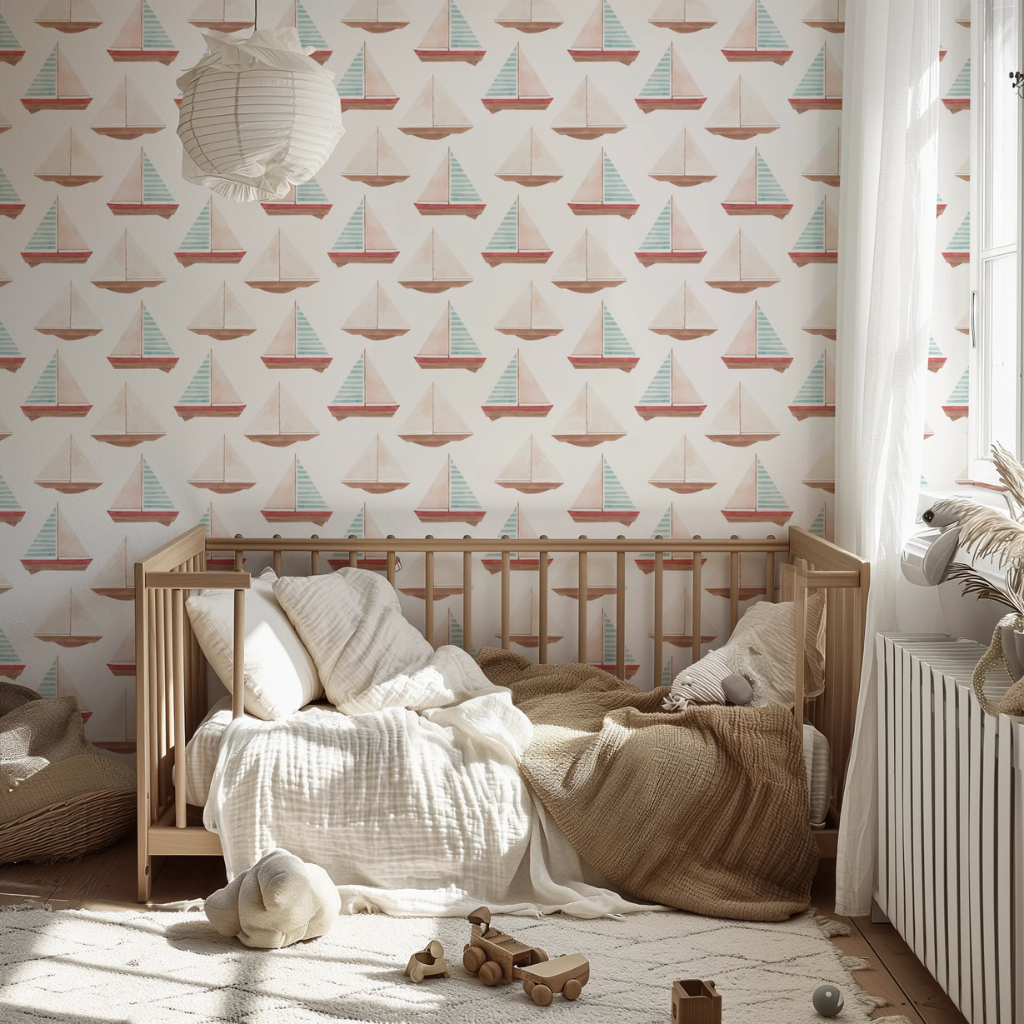 Harbor Island nursery wallpaper with painterly pastel sailboats on an off-white background.