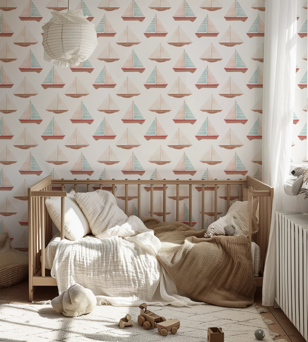 Harbor Island nursery wallpaper with painterly pastel sailboats on an off-white background.