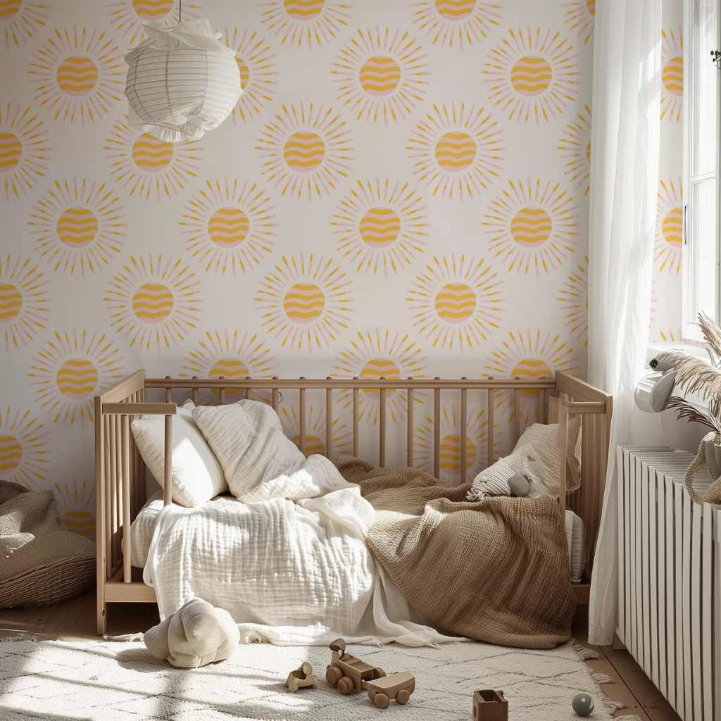Playful child's room featuring Summer Suns wallpaper with vibrant yellow and pink suns on an off-white background.