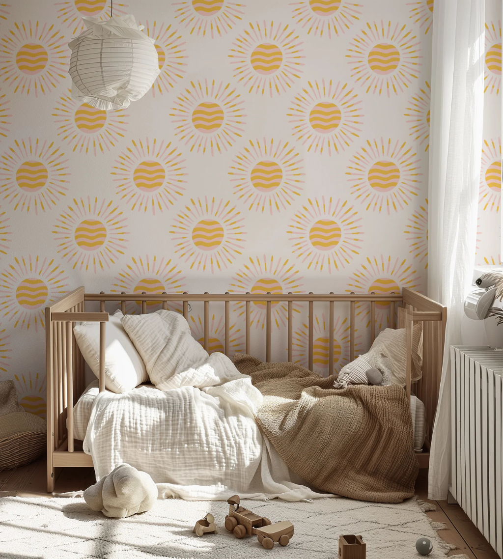 Playful child's room featuring Summer Suns wallpaper with vibrant yellow and pink suns on an off-white background.