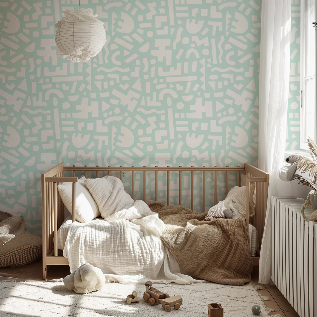 Teal geometric nursery wallpaper with funky off-white shapes and a modern, playful vibe.