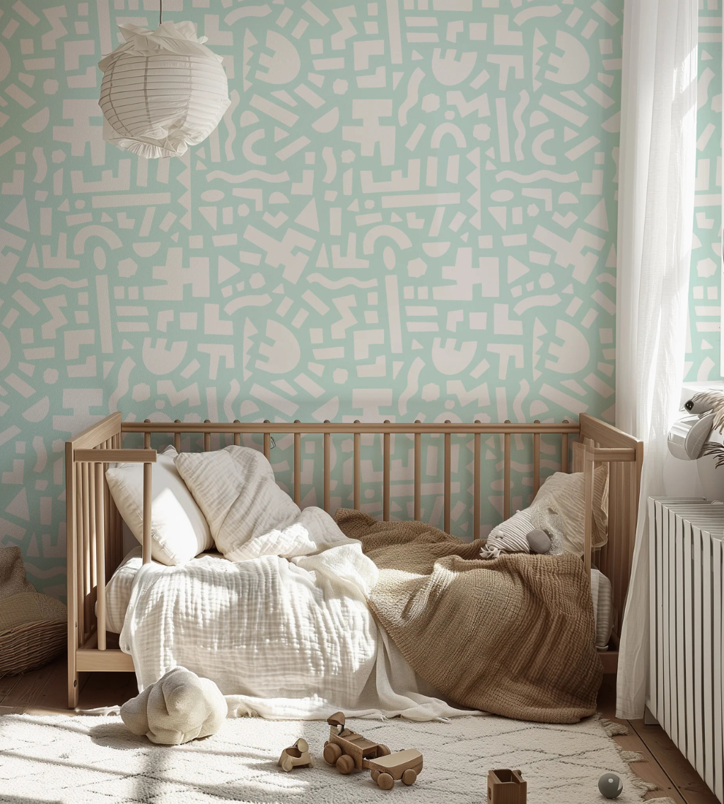 Horseshoe pattern wallpaper with multicolor horseshoes on an off-white background for a playful western nursery.