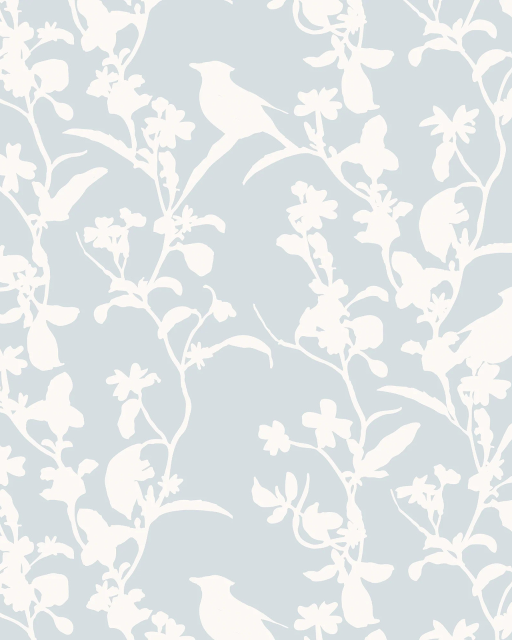 Blue neutral wallpaper with low-contrast bird and vine silhouettes styled in a bright bathroom with white fixtures | Neutral Wallpaper Ideas for Every Room in Your Home by Funky Paper Co
