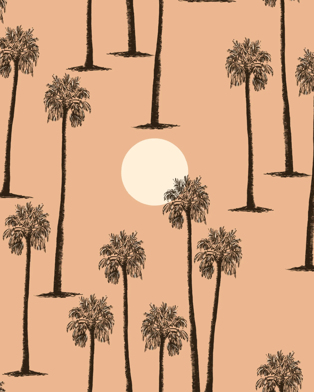 A repeating palm tree pattern on a warm peach canyon sunset background, with black palm silhouettes and a large cream sun near the center.