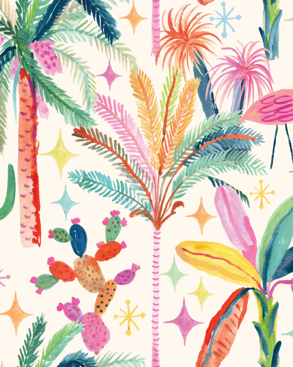 A colorful tropical Palm Springs Getaway pattern featuring watercolor-style palm trees, cacti, flamingos, and starbursts on a cream background.