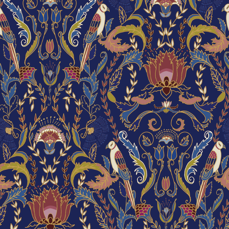 Peacock in the Garden, a jewel-toned paisley and botanical wallpaper in navy by Funky Paper Co