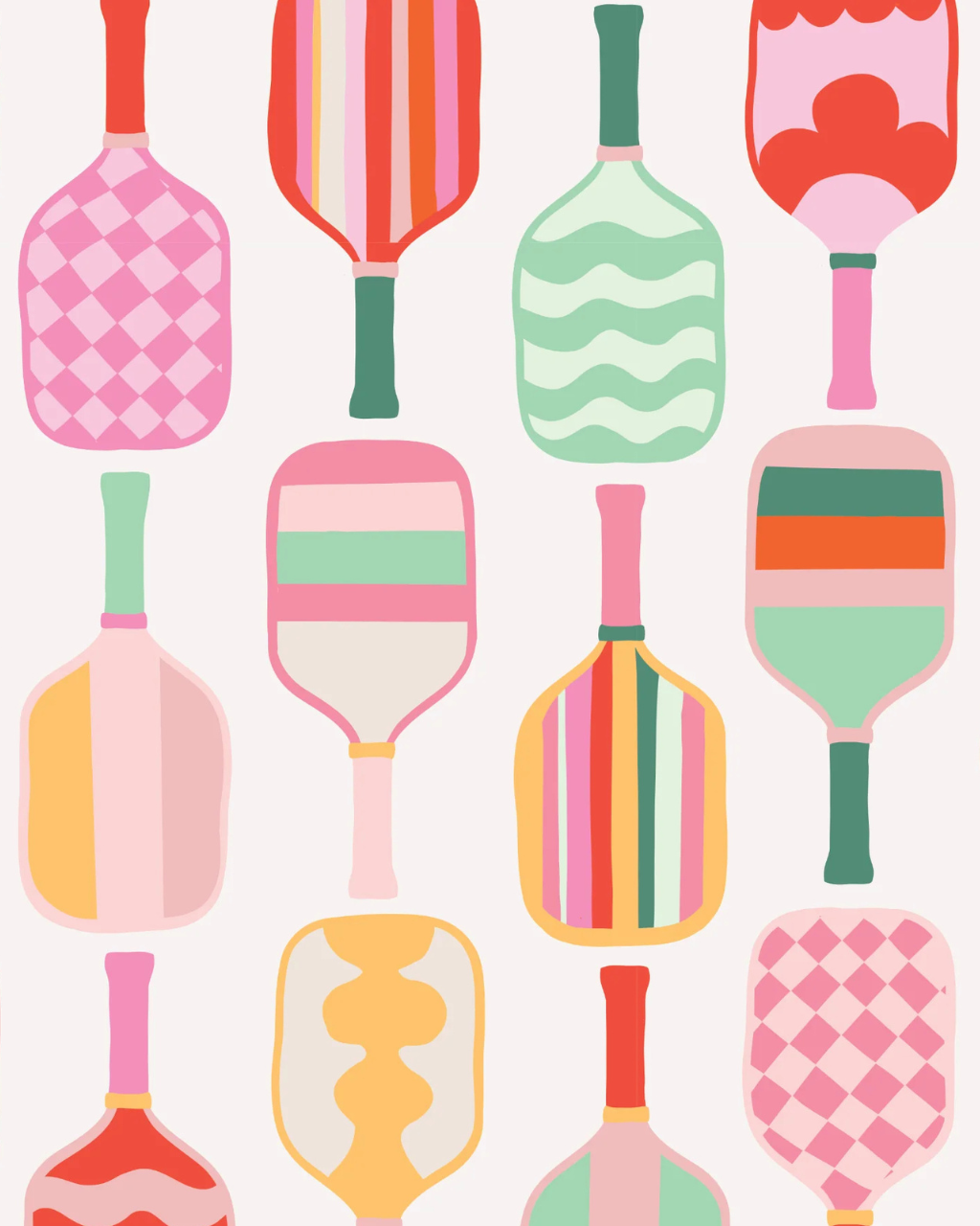 Pickle Paddles preppy wallpaper with a modern repeating pickleball paddle pattern in bright colors on crisp white, styled in a playful room interior | Funky Paper Co