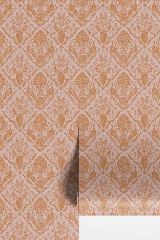 Peacock Damask Wallpaper in Pink