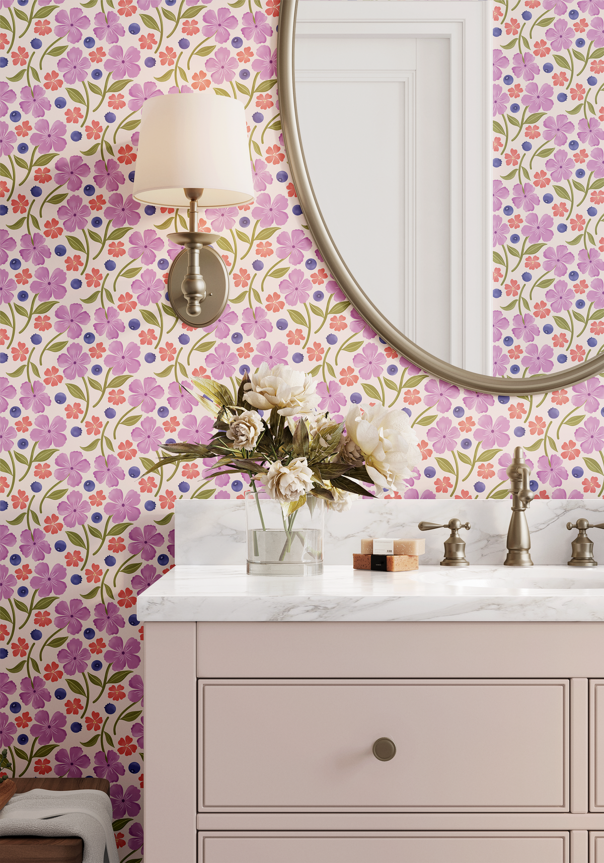 Pink Floral and Blueberries