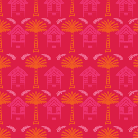 Tropical Huts Wallpaper in Pink by Jenna Hang