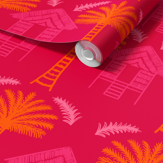 Tropical Huts Wallpaper in Pink by Jenna Hang