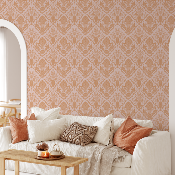 Peacock Damask Wallpaper in Pink