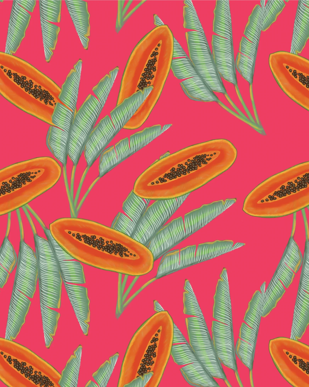 A repeating tropical pattern featuring sliced orange papayas and green banana leaves on a bright pink background.